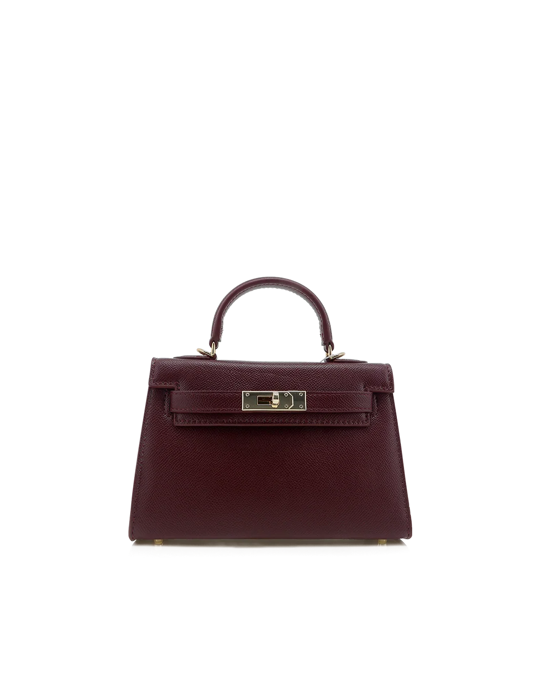 A structured top-handle handbag in deep burgundy epi leather with gold-tone hardware, shown against a plain white background.