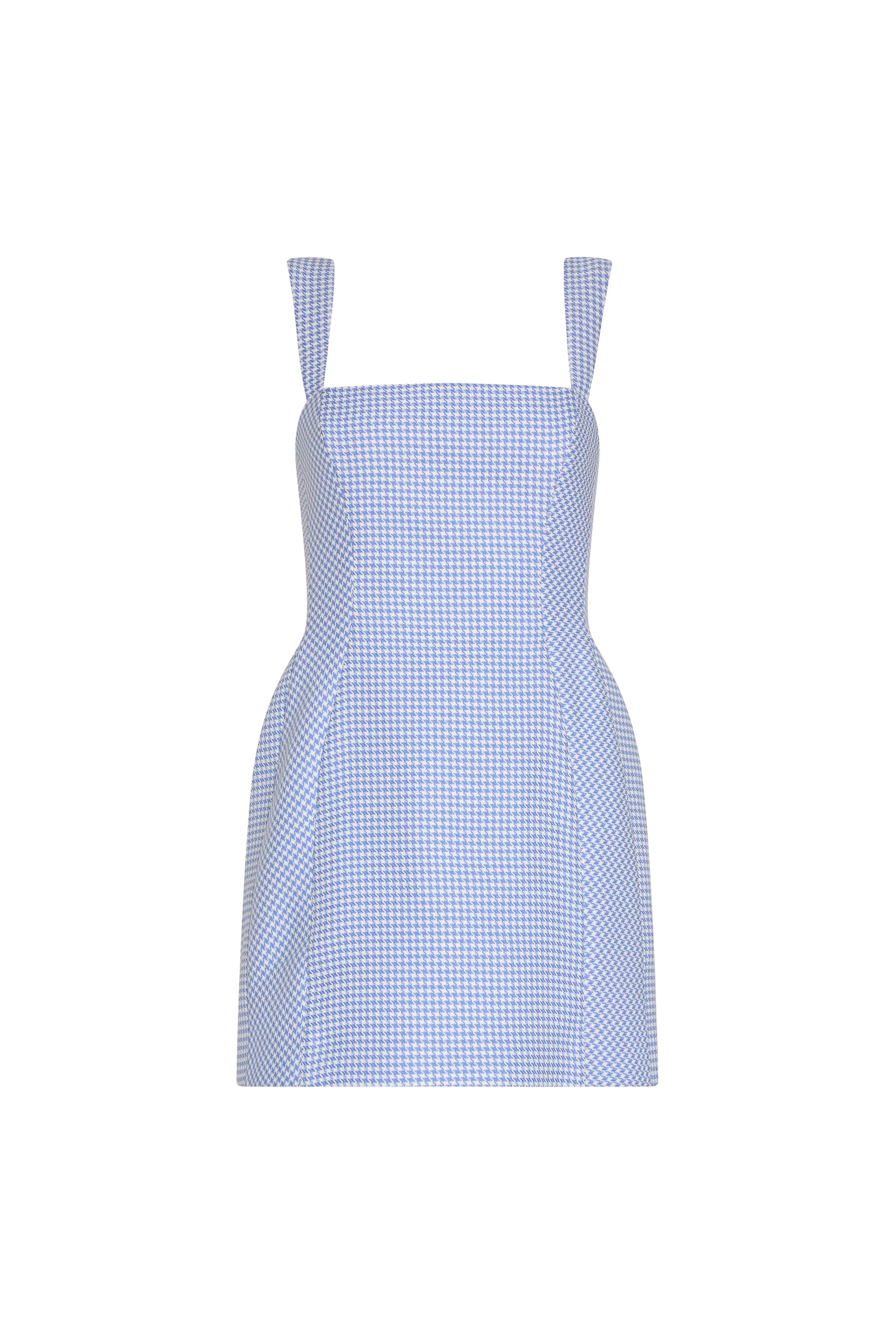 Blue and white checkered dress with thin straps on a white background