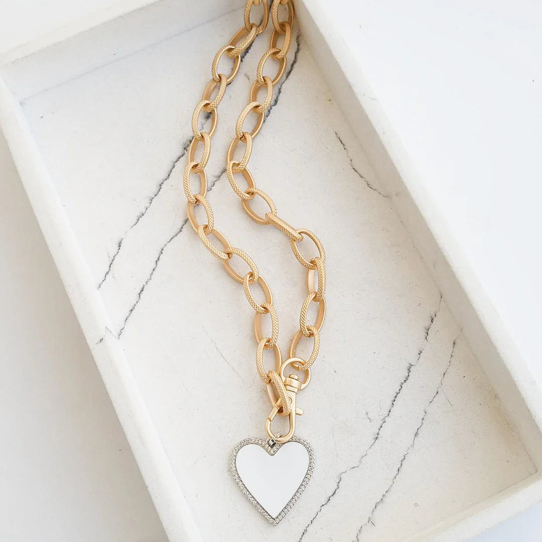 Etched Chain Necklace with White Enamel Heart
