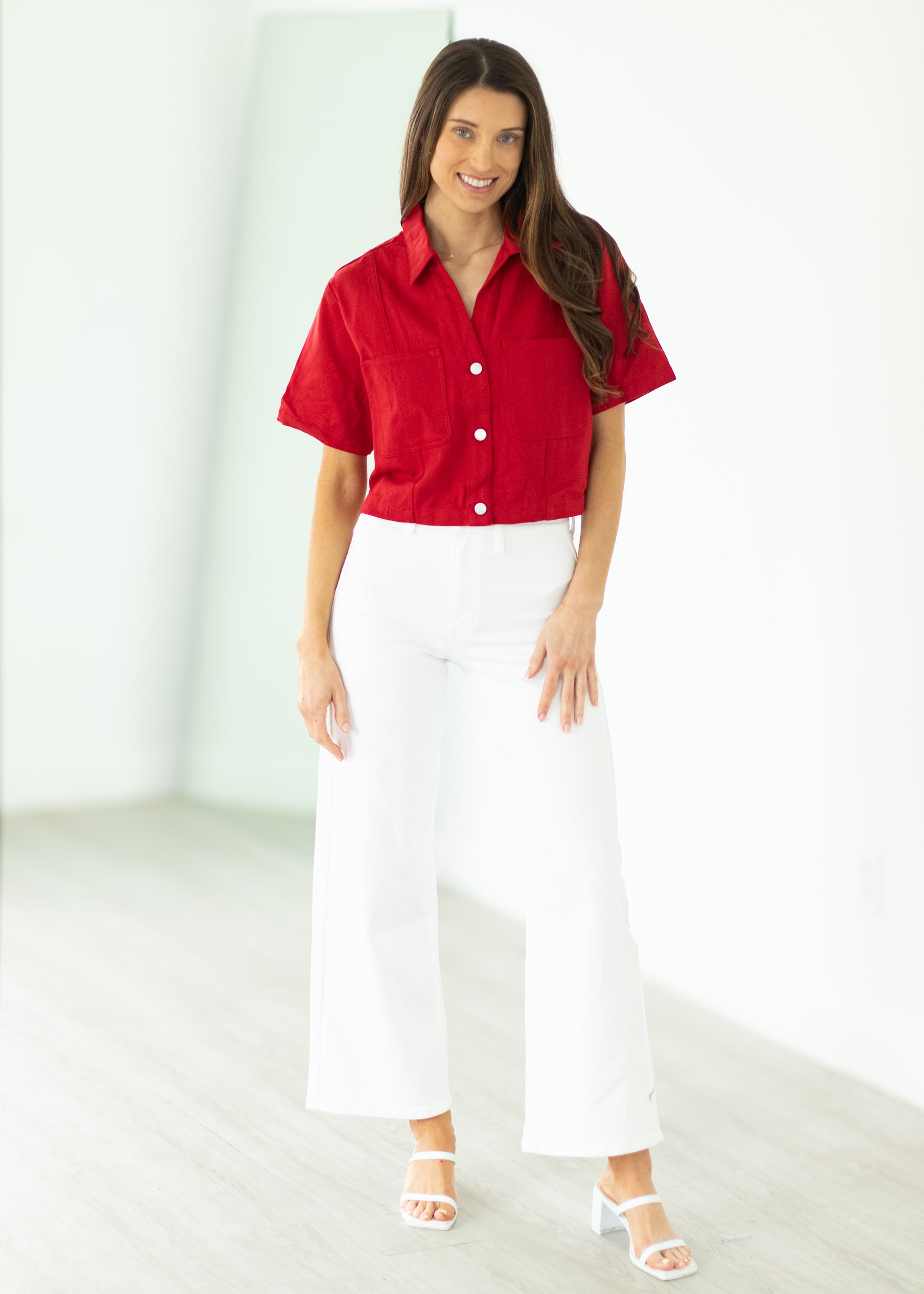 woman wearing red top