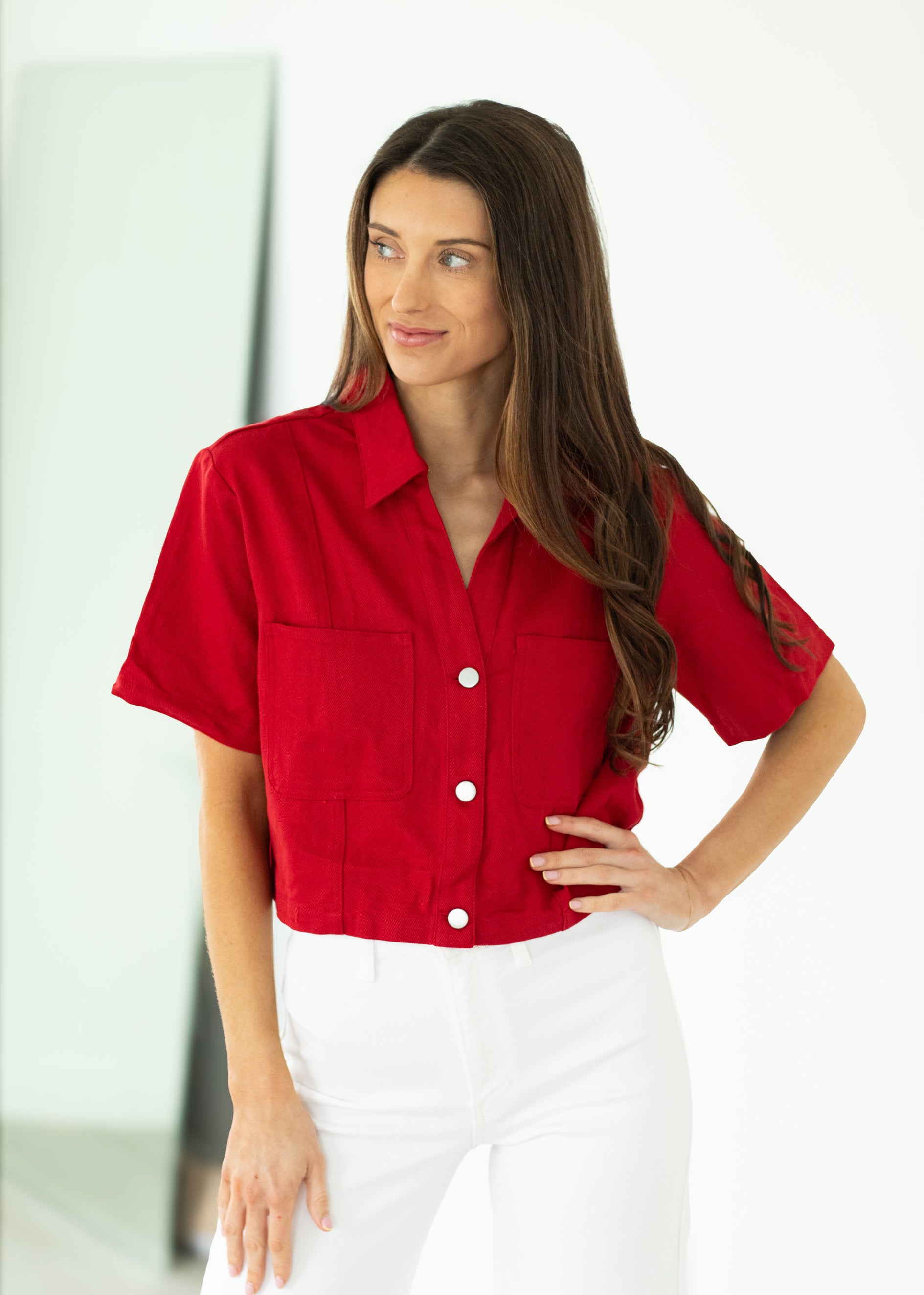 woman wearing red top