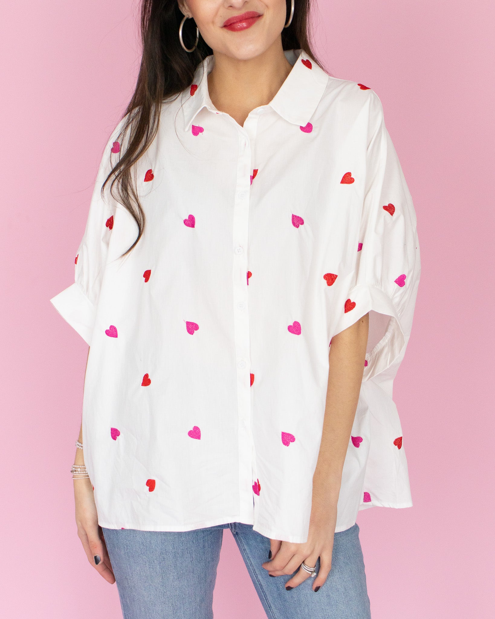 Oversized Button Down - Red Hearts