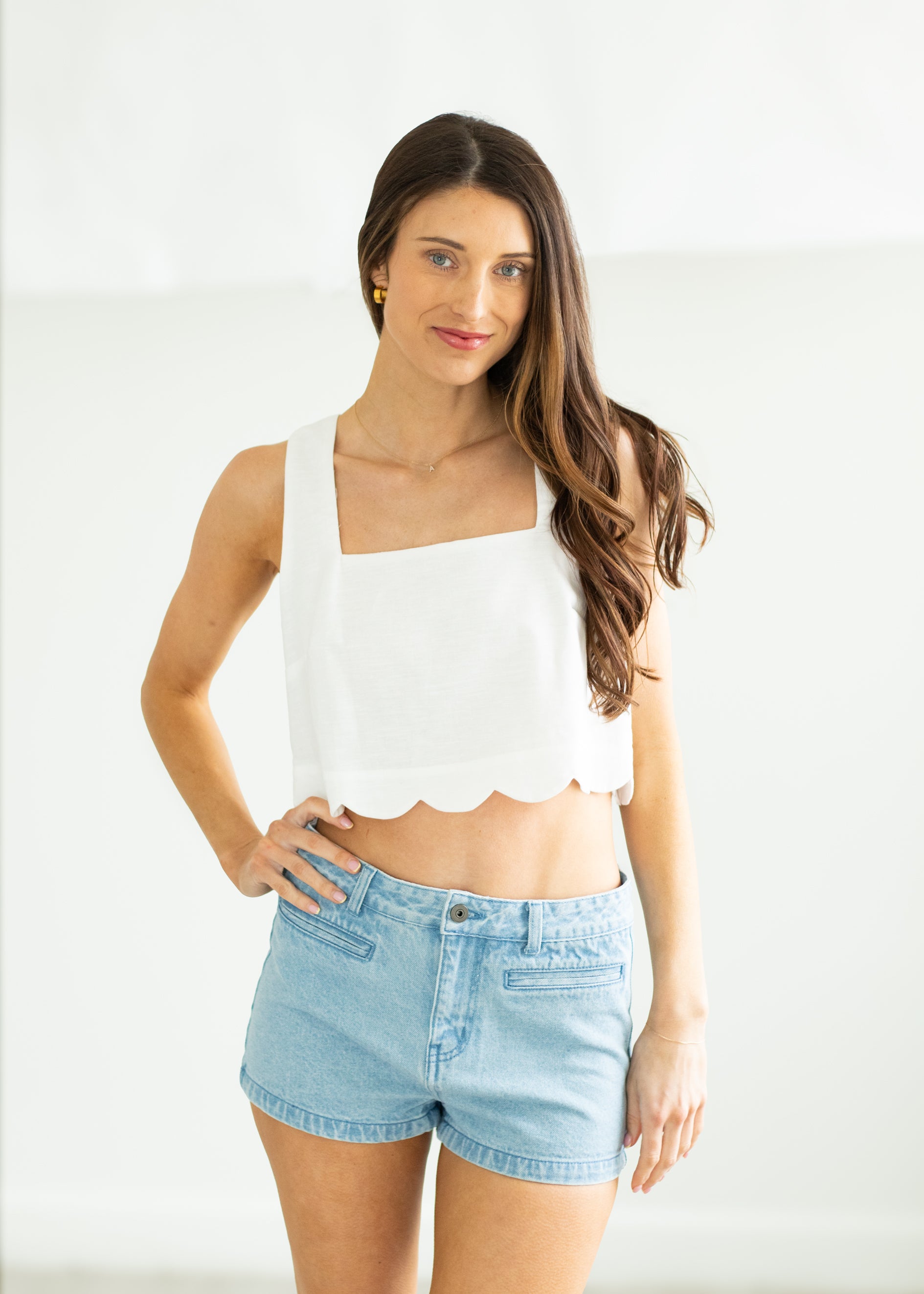 woman wearing jean shorts