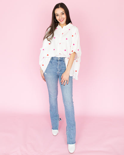 Oversized Button Down - Red Hearts