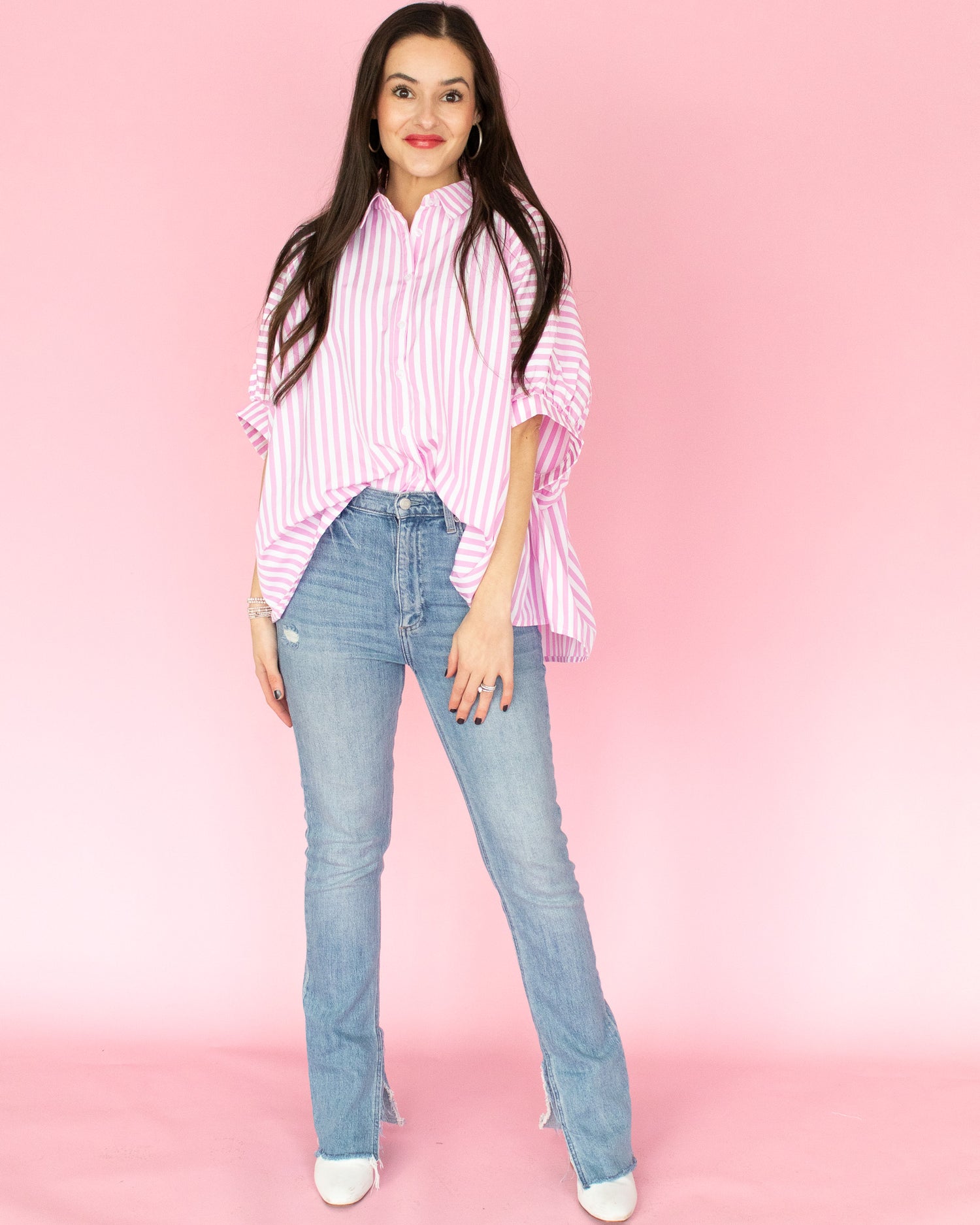 Oversized Striped Button Down - Pink