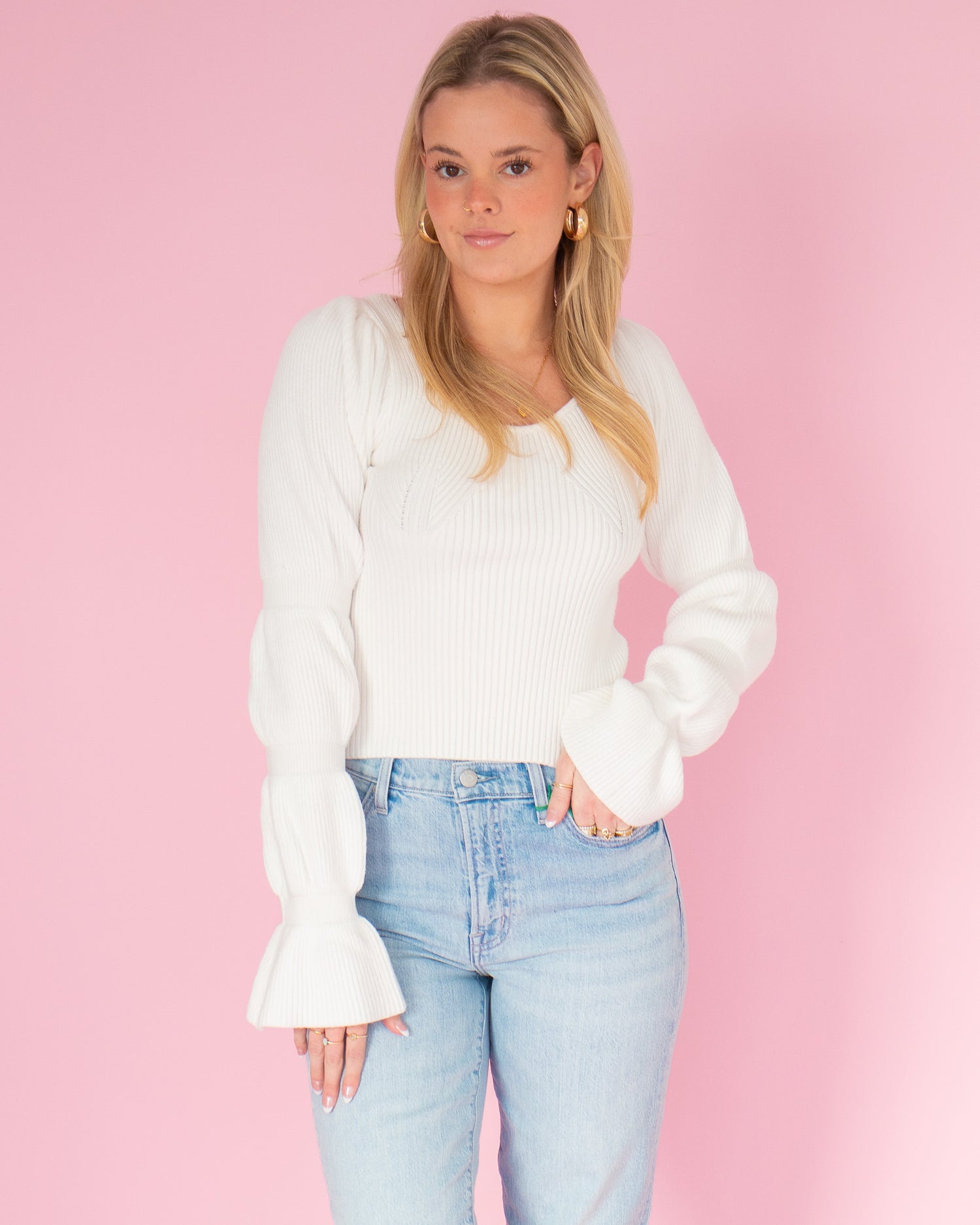 Ivory Balloon Ruched Sleeve Sweater