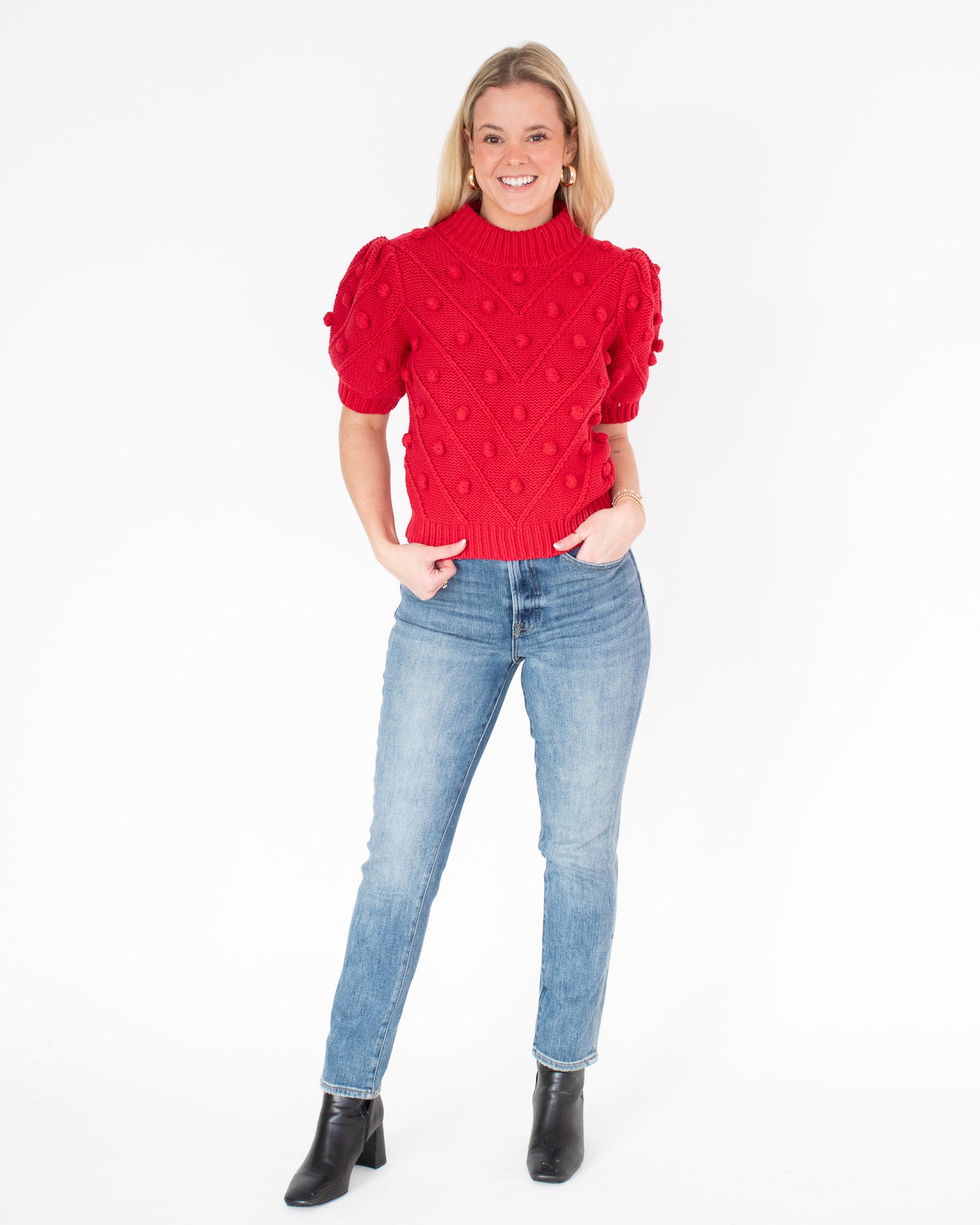 Pom Pom Puff Sleeve Knit Sweater - Deep Red