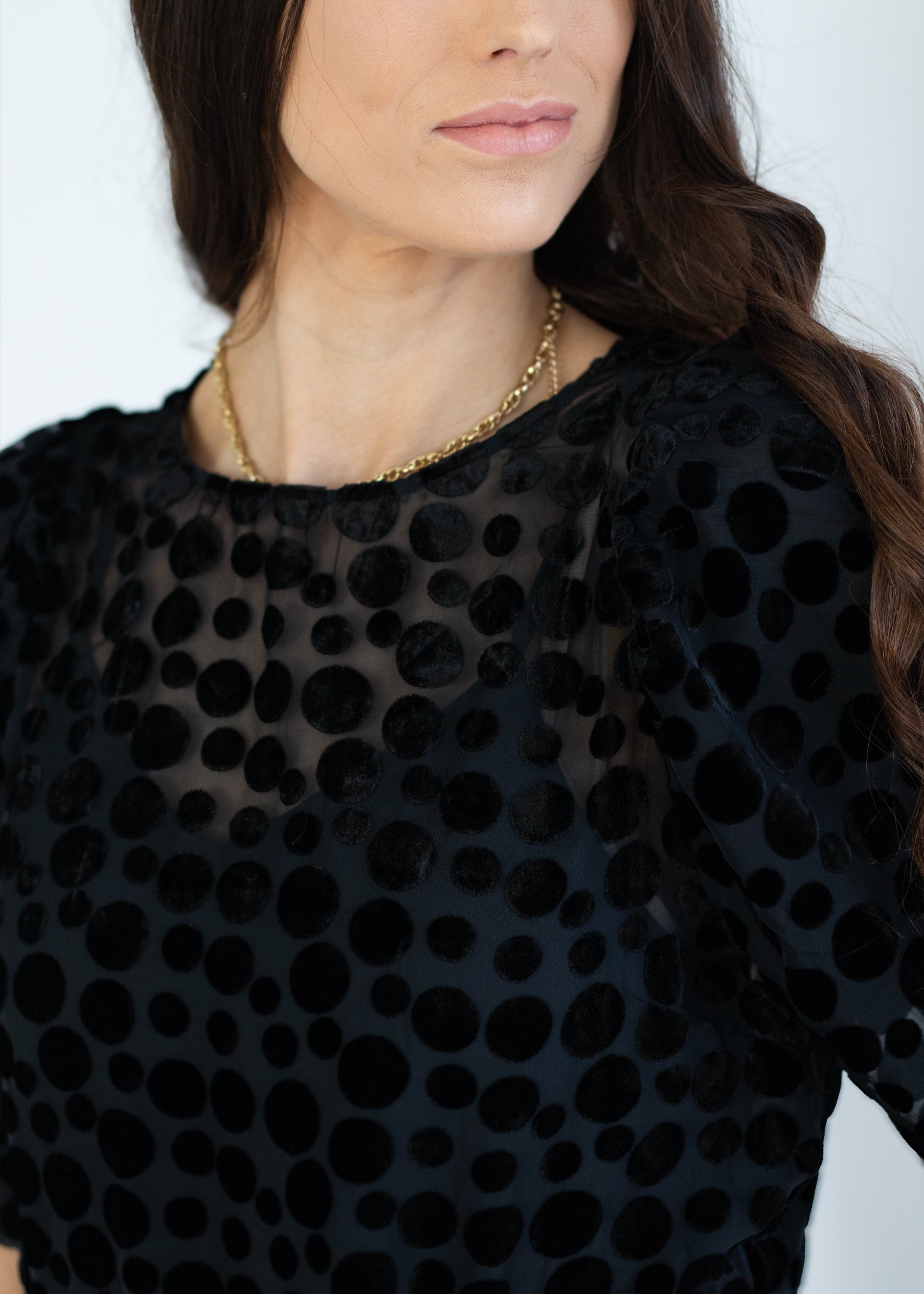 Close-up of a woman wearing a black sheer mesh top with large black polka dots and a gold chain necklace against a plain light background.