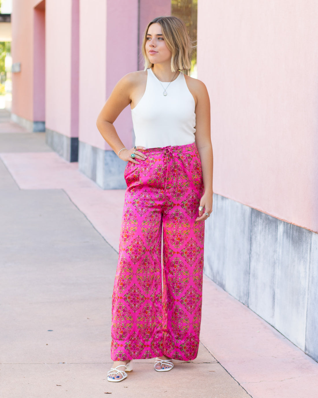 Pink Floral Satin Pants