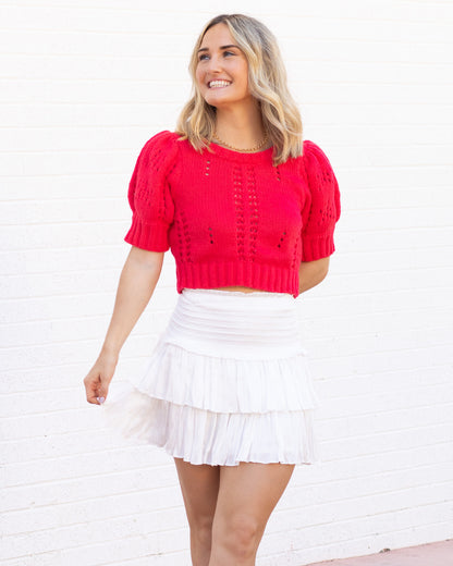Red Pointelle Cropped Puff Sleeve Sweater