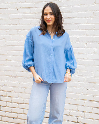 Puff Sleeve Button Down - Baby Blue