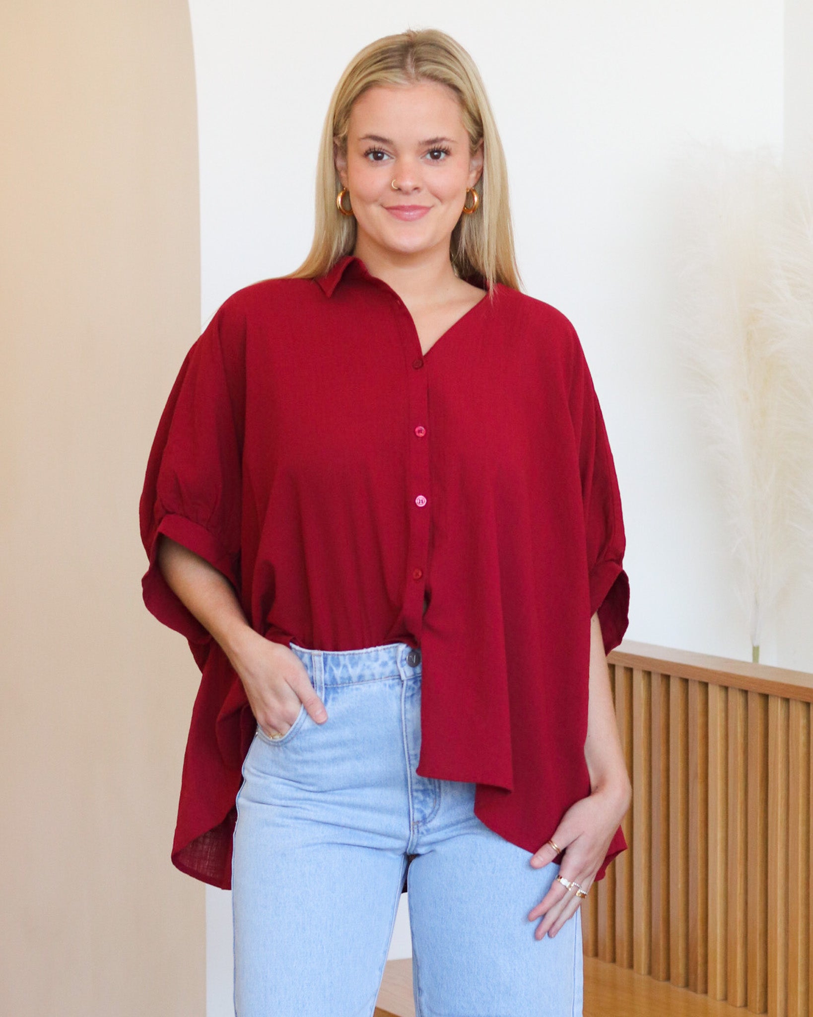 Oversized Button Down - Wine Red