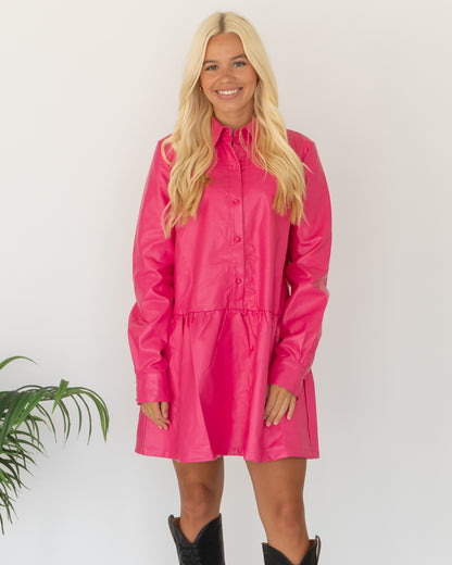 Pink Vegan Leather Mini Dress