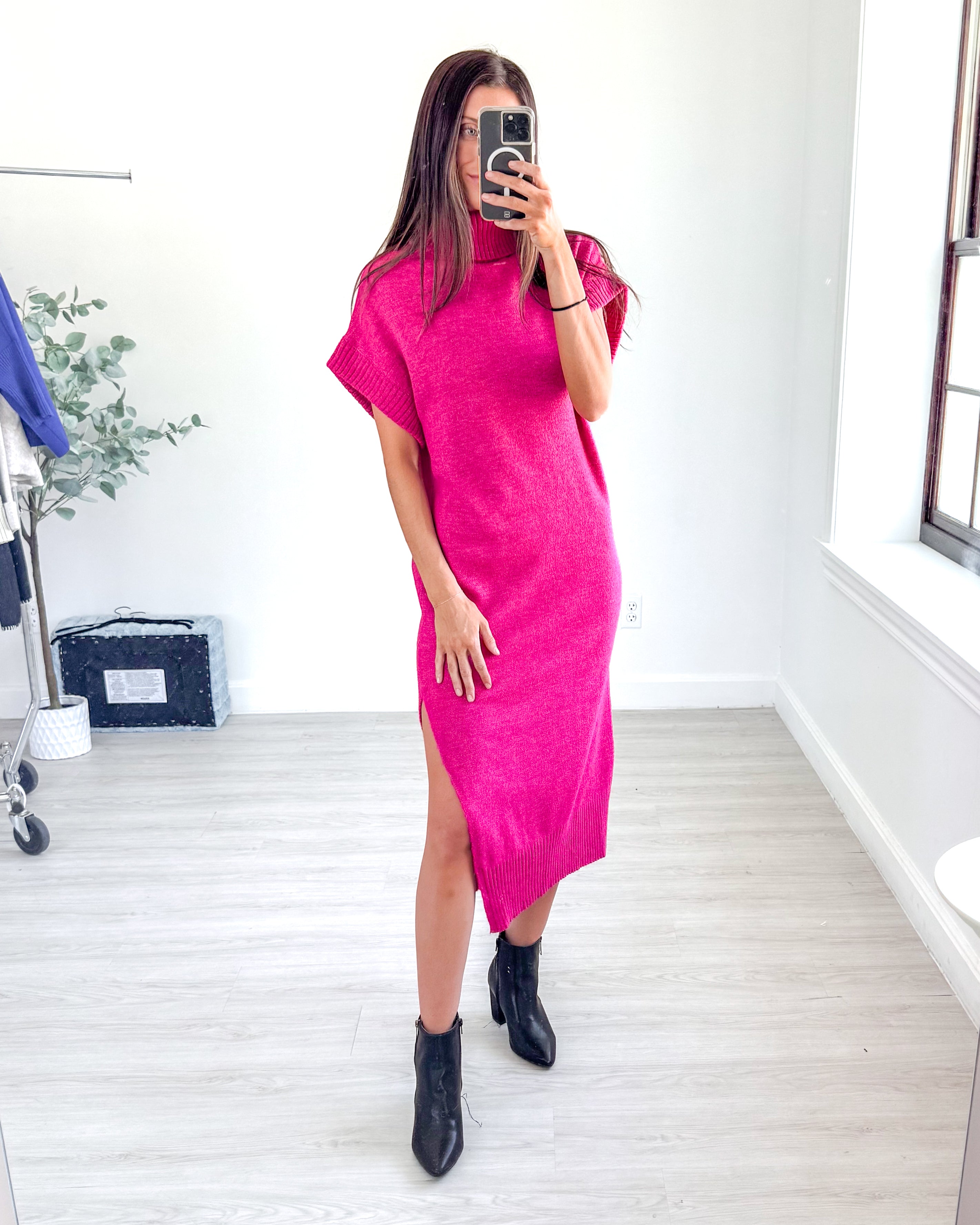 Fuchsia Mid Length Sweater Dress