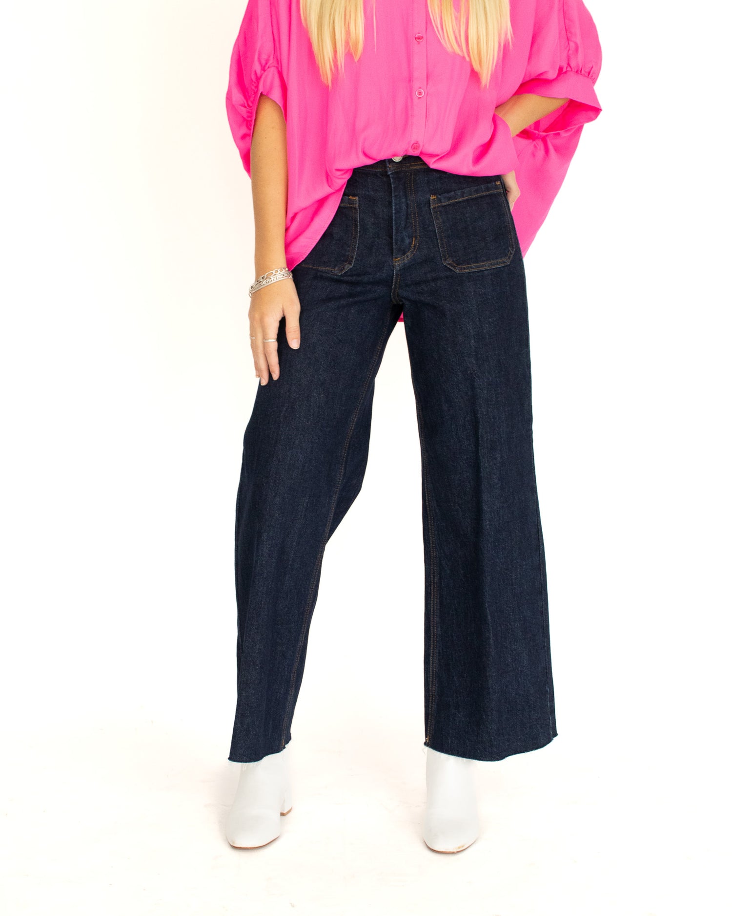 High-Rise Wide Leg Patch Pocket Jeans