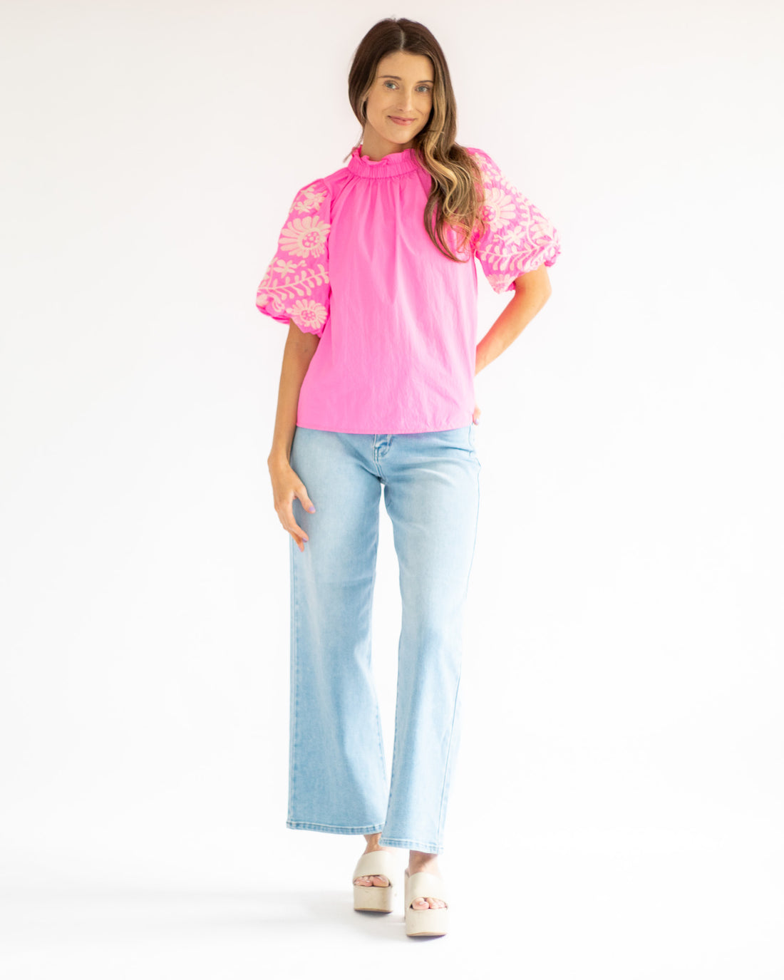 Hot Pink Embroidered Puff Sleeve Top