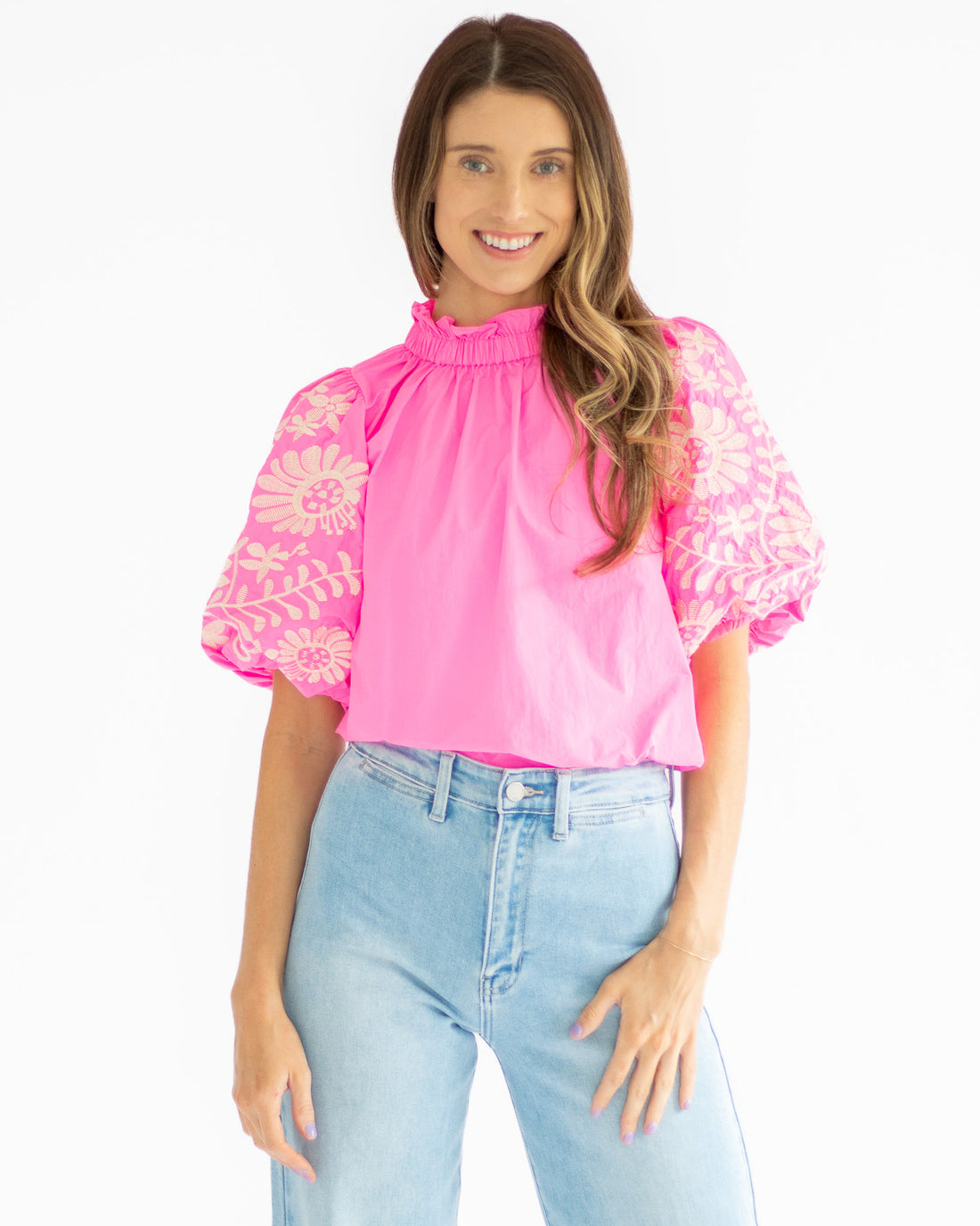 Hot Pink Embroidered Puff Sleeve Top