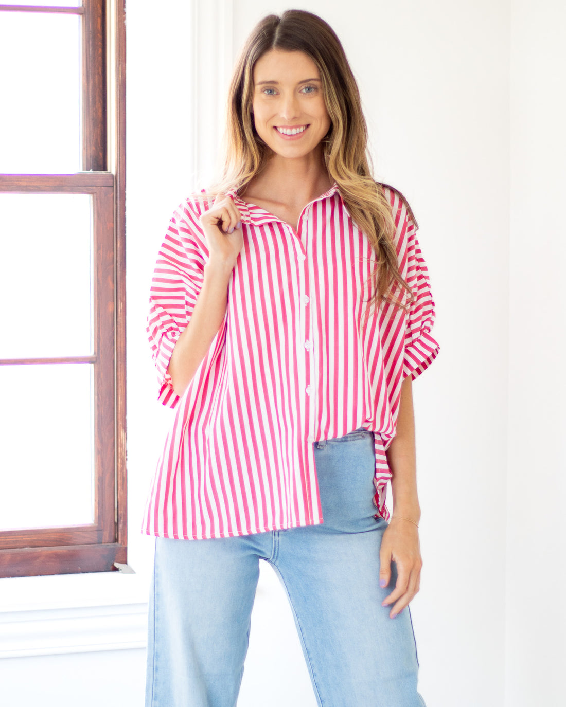 Oversized Striped Button Down - Red