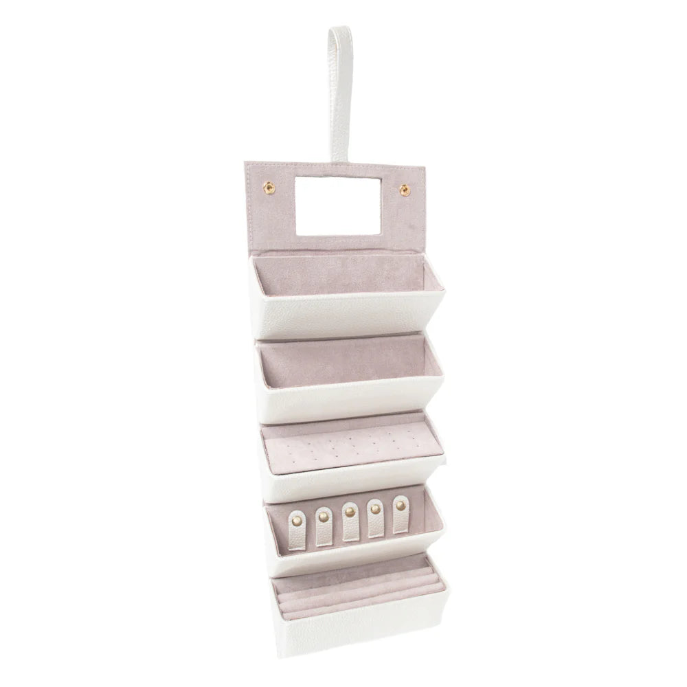 white hanging jewelry/eyewear organizer with multiple compartments on a white background
