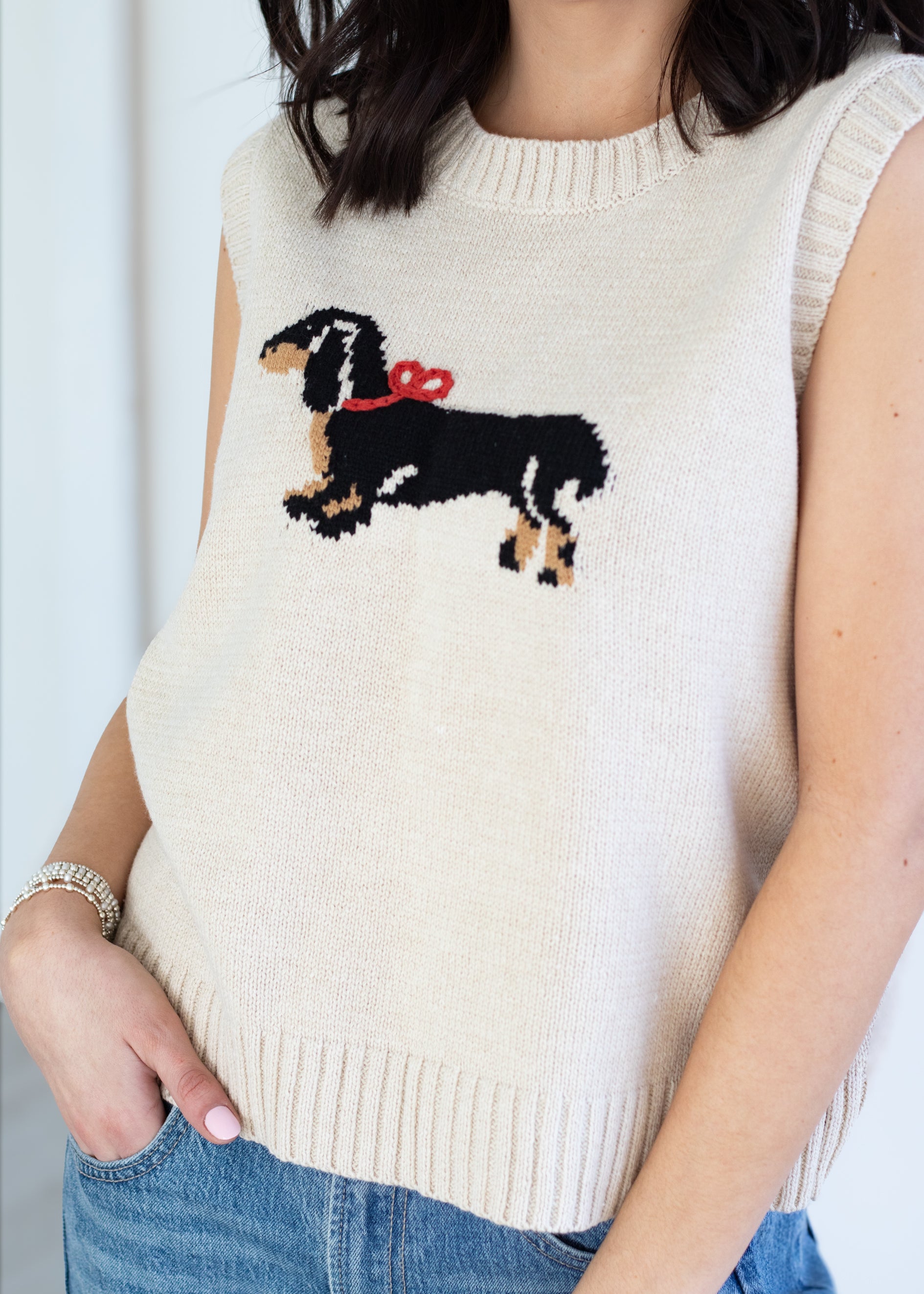 Person wearing a sleeveless sweater with a dachshund design.