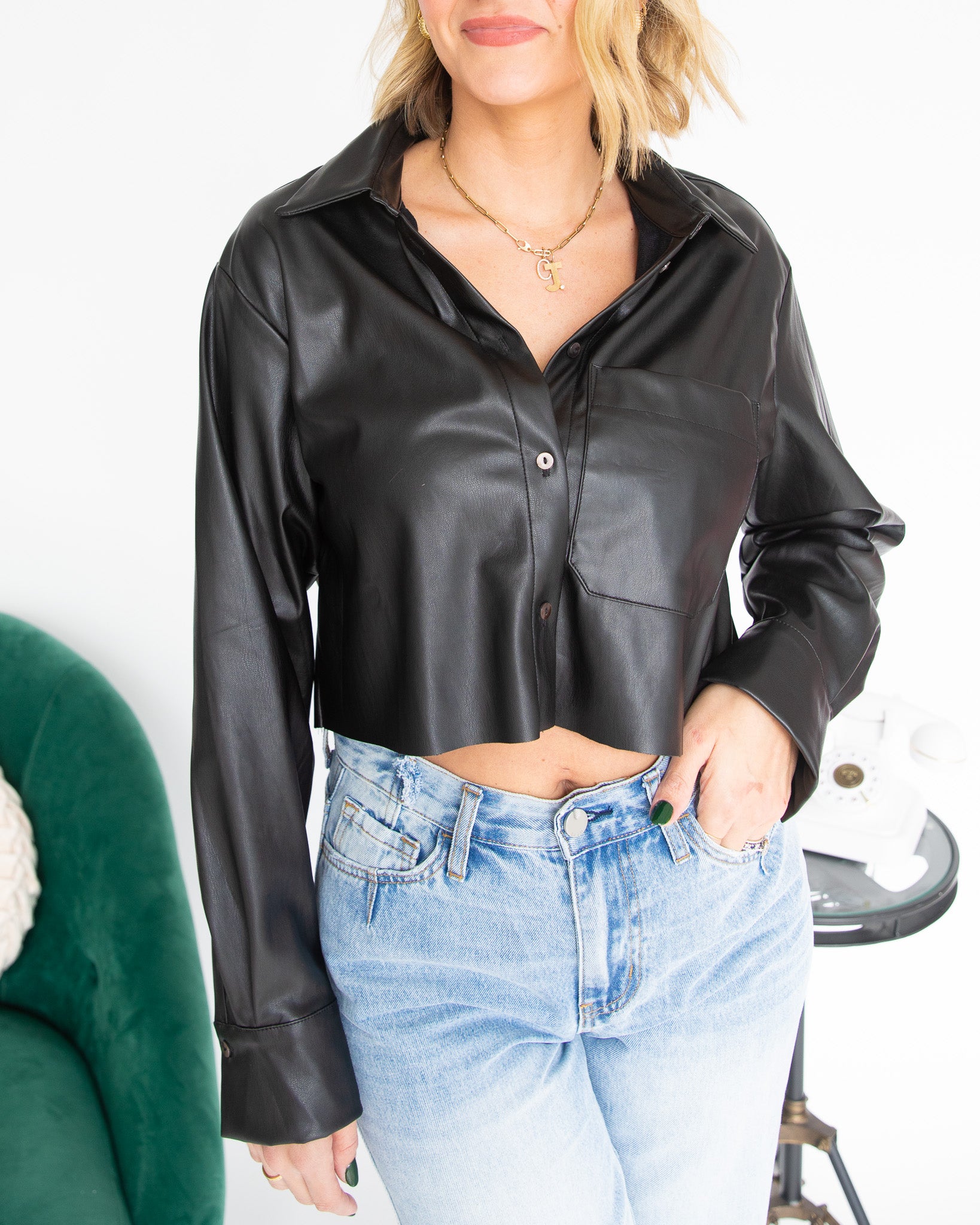 Button Up Leather Long Sleeve Crop