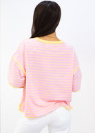 Person wearing a pink and yellow striped shirt on a white background