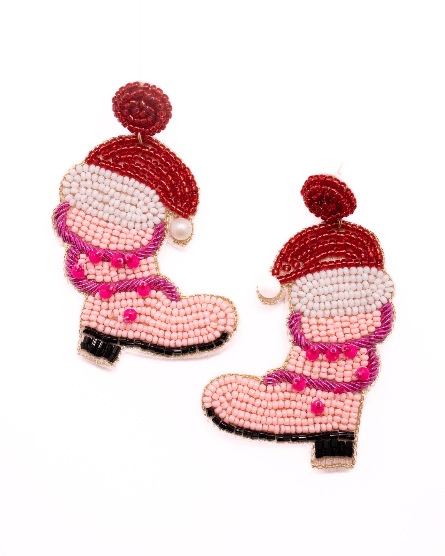 Pink Christmas Beaded Boot Earrings