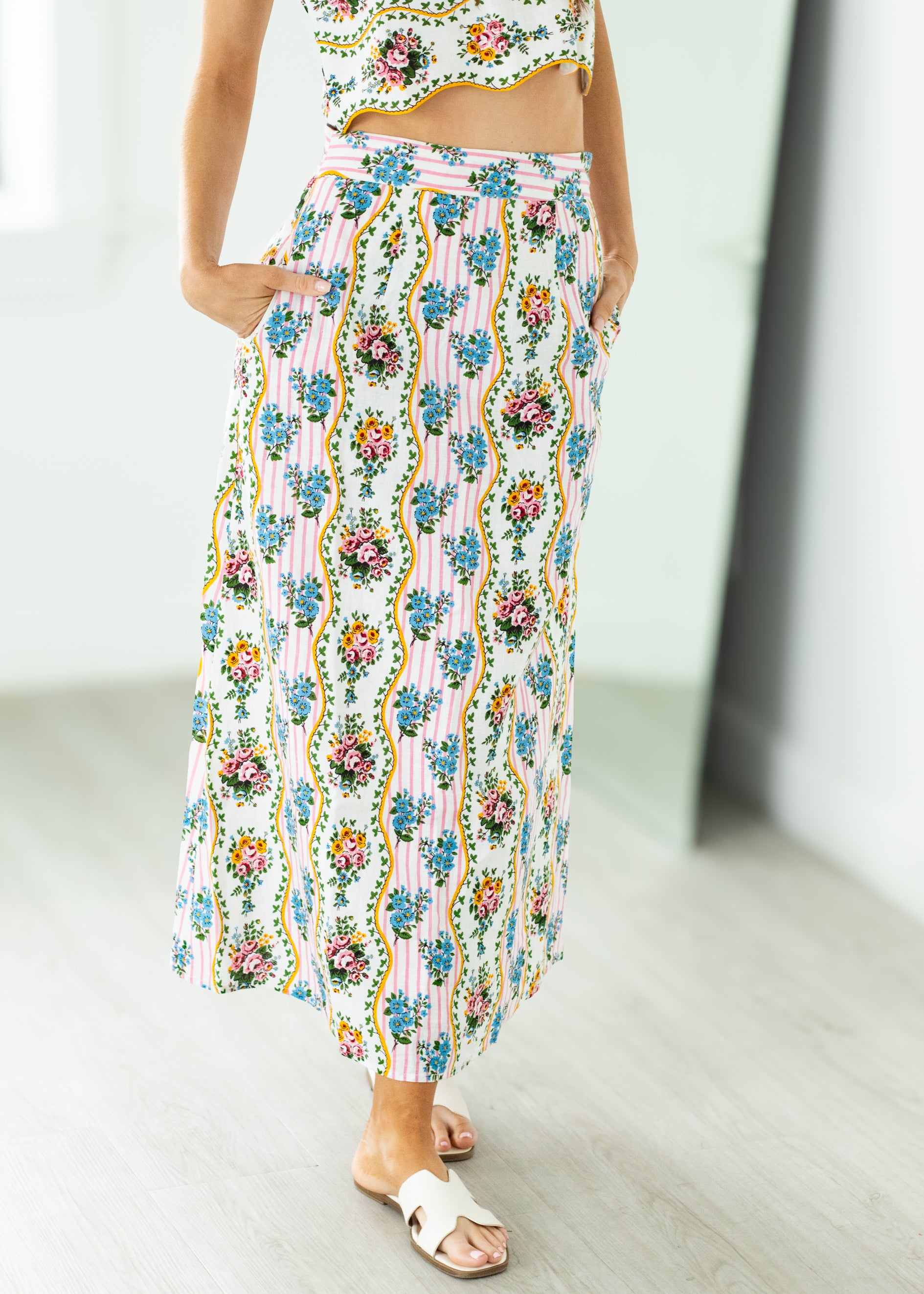 Person wearing a floral dress with a white background