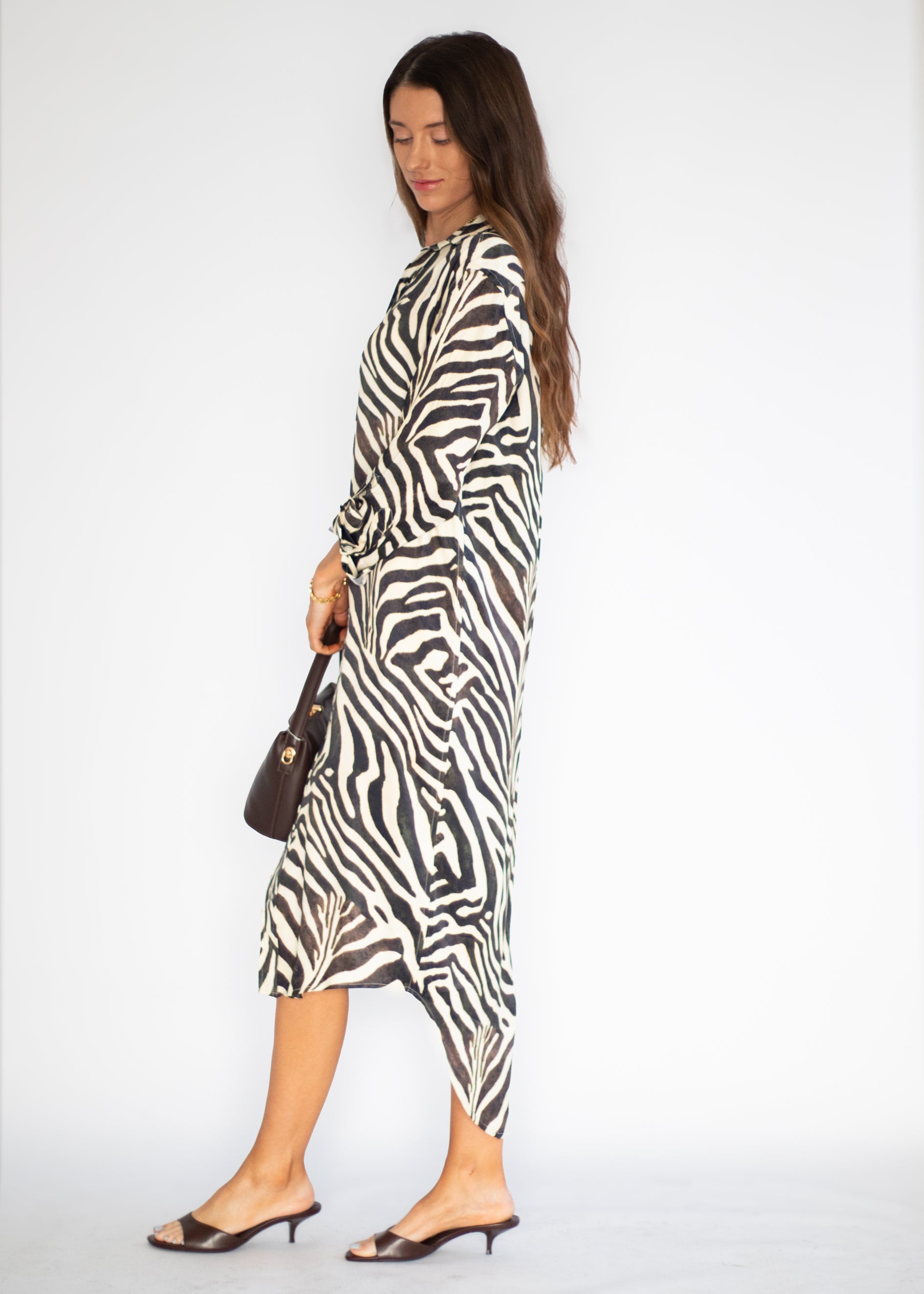 A woman modeling a long-sleeve midi dress with a bold black and white zebra print, styled with a small dark brown handbag and black mule sandals against a plain white studio background.