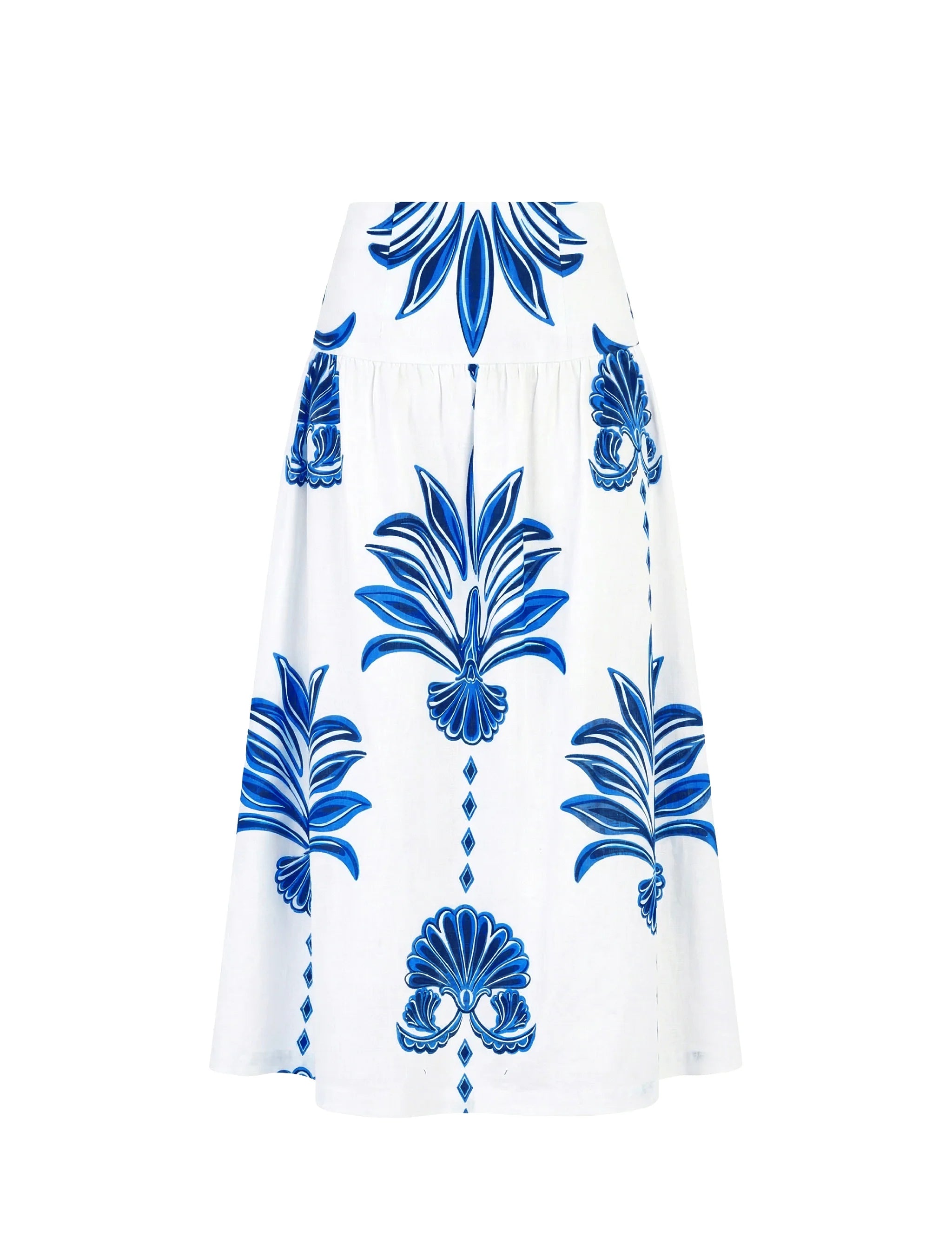 White dress with blue floral patterns on a white background
