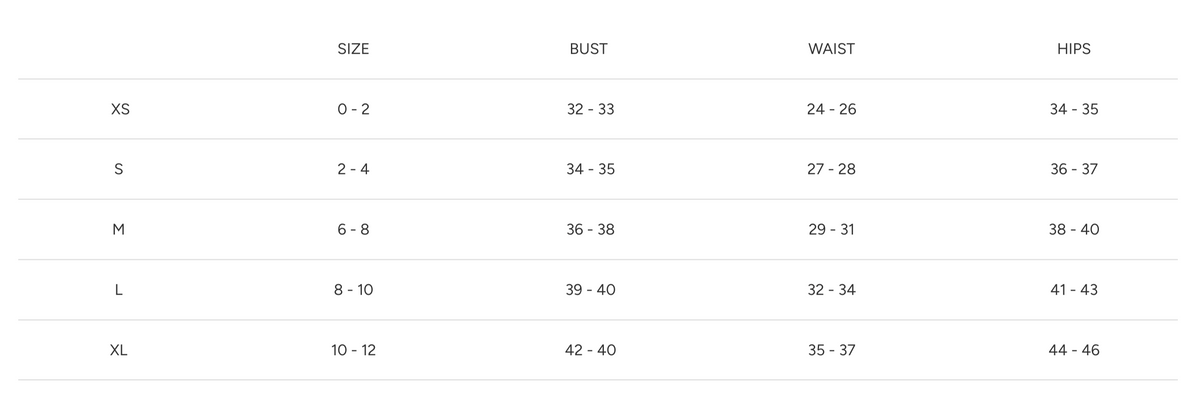 A size chart table showing measurements for sizes XS through XL, with columns for SIZE, BUST, WAIST, and HIPS.