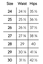 Measurement chart for waist and hips with size labels