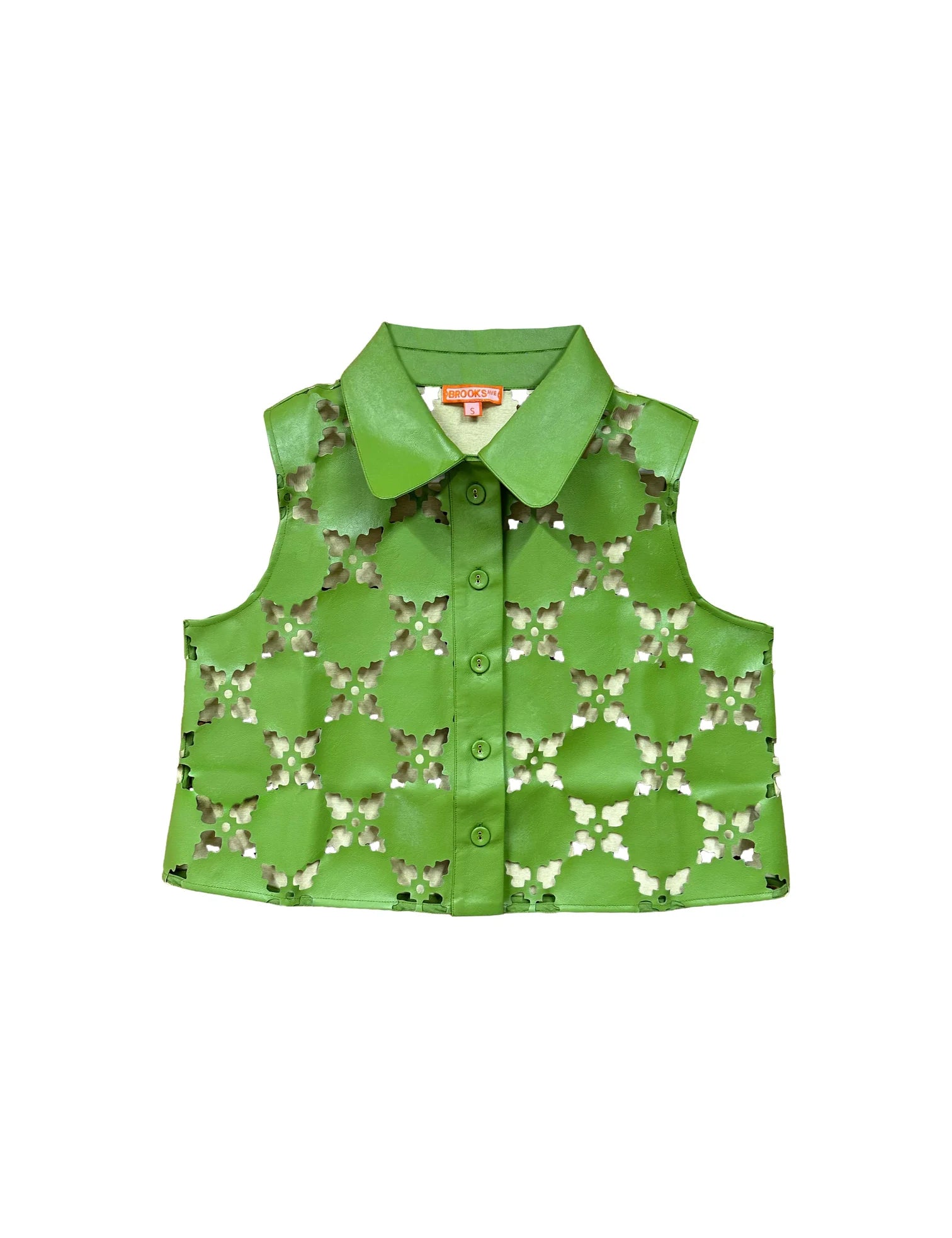 A green sleeveless collared vest with a geometric openwork pattern, featuring a button-down front and a pointed collar, shown flat on a white background.