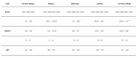 Size chart for clothing with measurements in inches and letters.