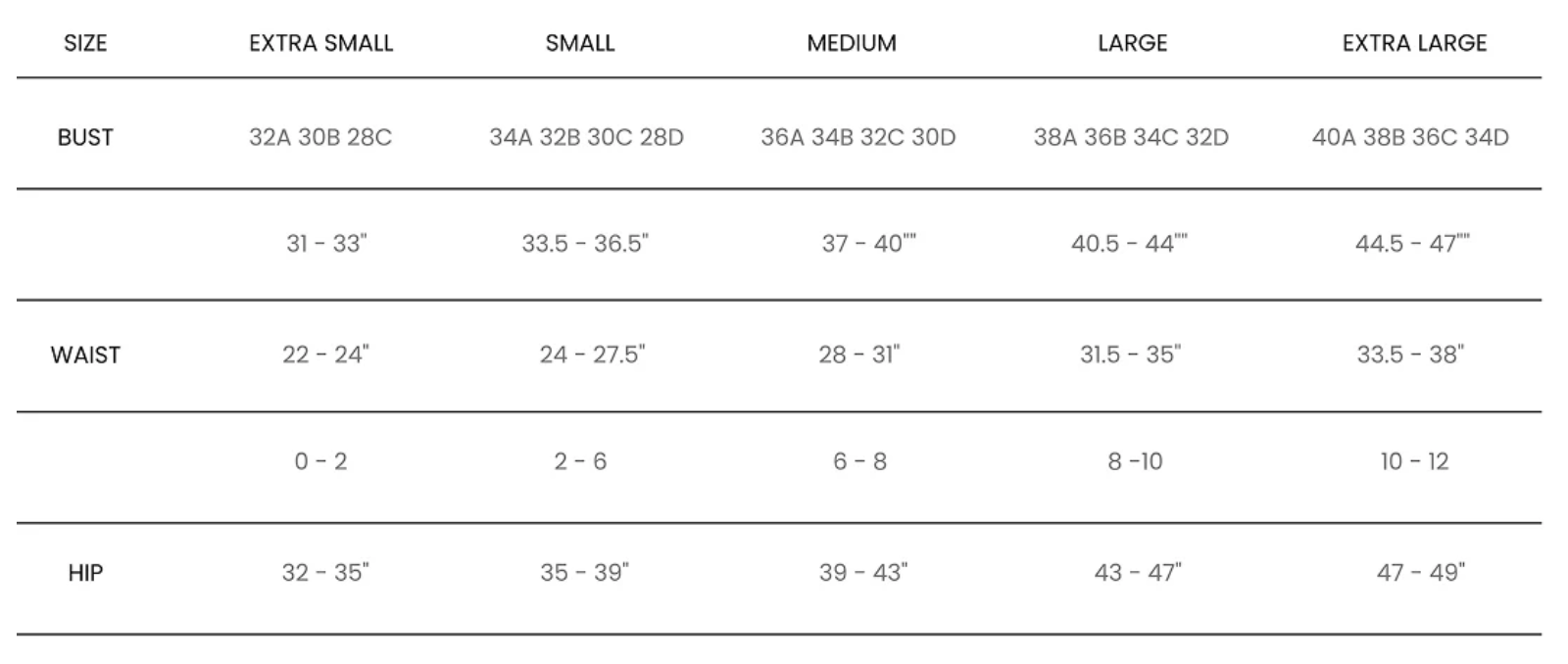 Size chart for clothing with measurements in inches and letters.