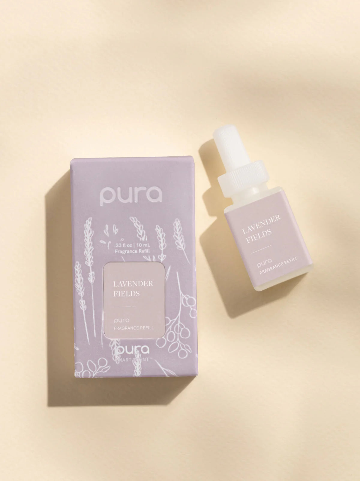 Pura lavender fields product packaging on a beige background