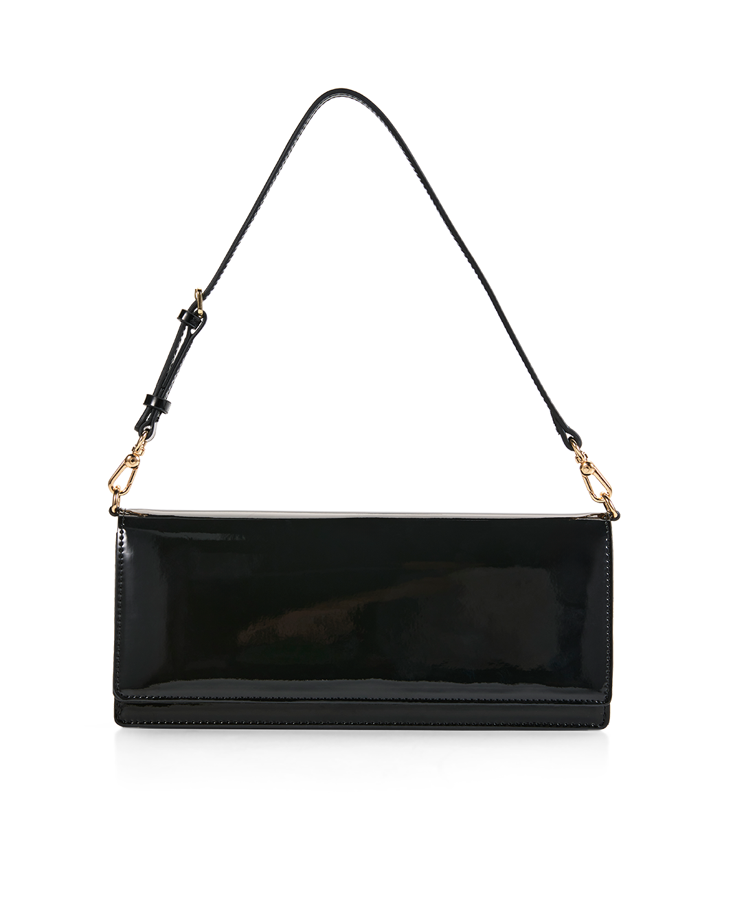 A black patent leather clutch bag with a long shoulder strap and gold-tone hardware, shown against a plain white background.