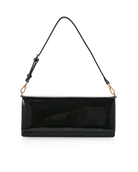 A black patent leather clutch bag with a long shoulder strap and gold-tone hardware, shown against a plain white background.