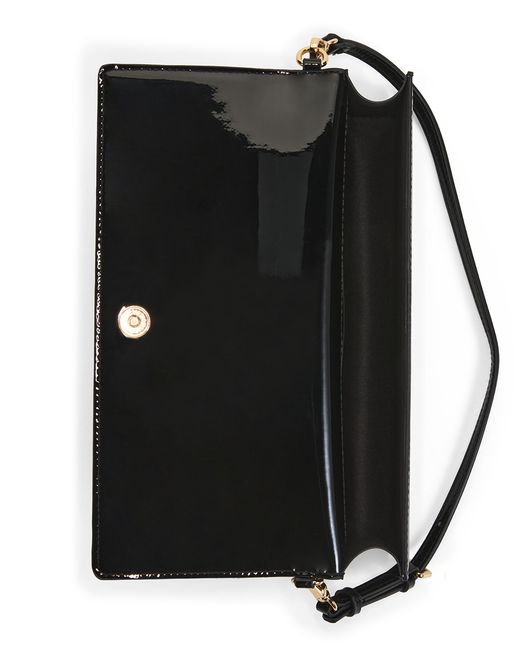 A black patent leather clutch handbag with a gold-tone snap button closure and a matching black wrist strap, shown flat on a white background.