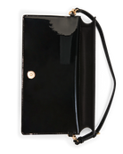 A black patent leather clutch handbag with a gold-tone snap button closure and a matching black wrist strap, shown flat on a white background.