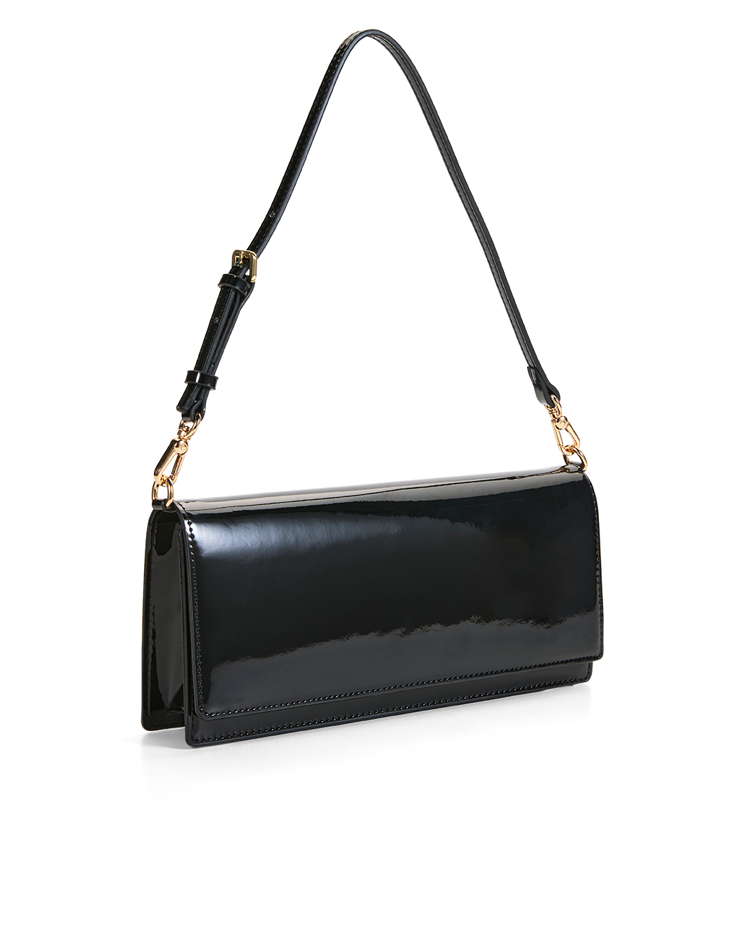 A black patent leather clutch bag with a long shoulder strap and gold-tone hardware, shown on a clean white background.