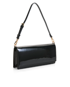 A black patent leather clutch bag with a long shoulder strap and gold-tone hardware, shown on a clean white background.