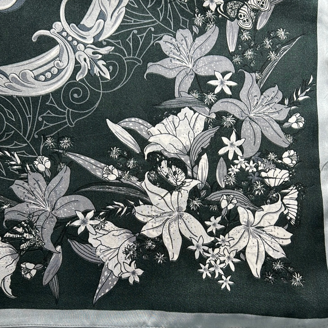 Black &amp; White Floral Silk Scarf