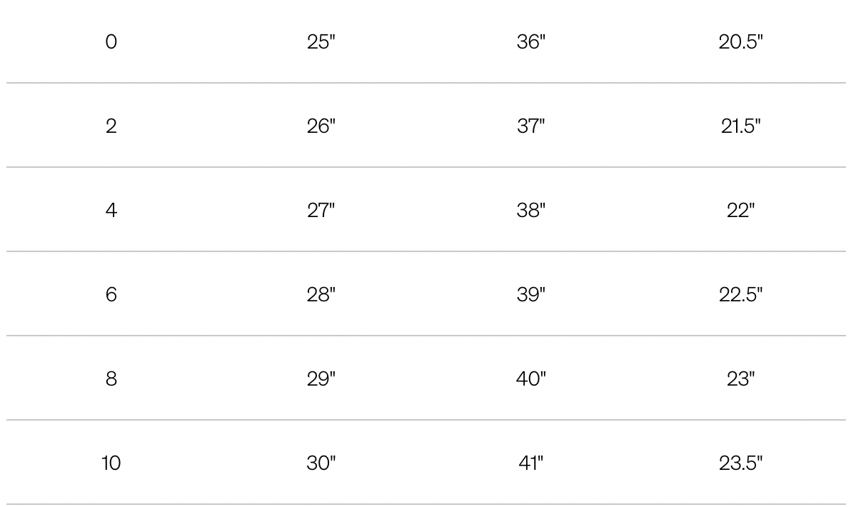 Measurement chart with dimensions in inches across four columns.