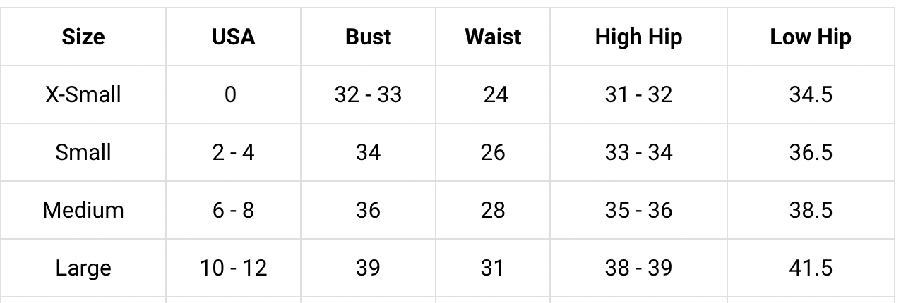 A size chart table showing measurements for X-Small, Small, Medium, and Large sizes, including USA, Bust, Waist, High Hip, and Low Hip ranges.