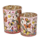 Two decorative glass tumblers with butterfly and floral design on a white background