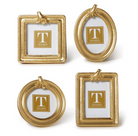Set of four gold picture frames with a central logo on a white background