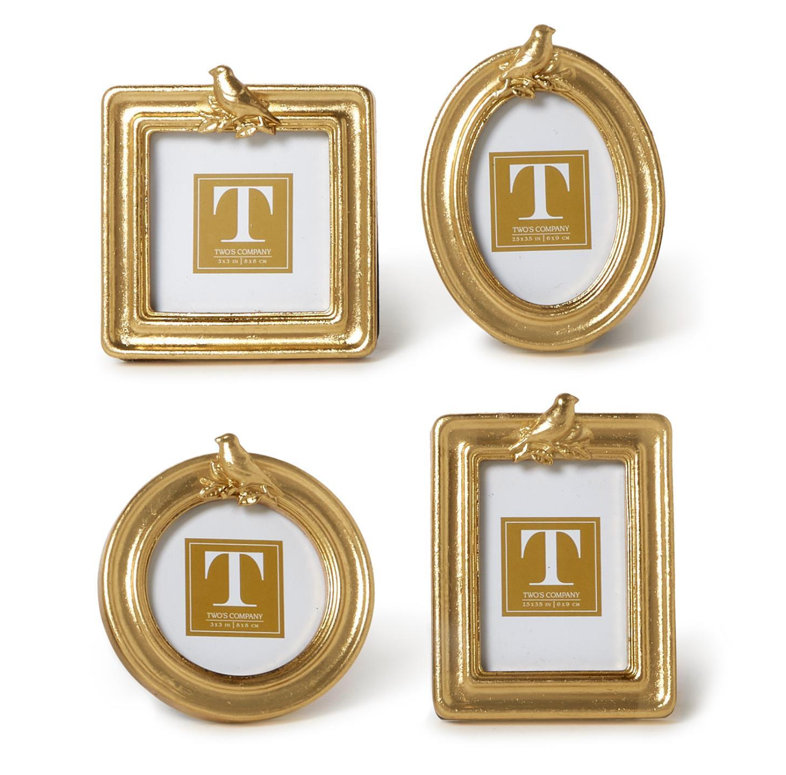 Set of four gold picture frames with a central logo on a white background