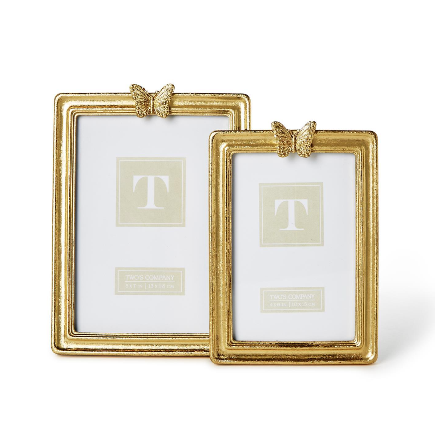 Two gold picture frames with decorative butterflies on a white background
