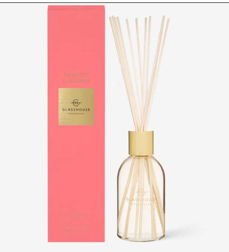 Glasshouse diffuser with pink packaging on a white background